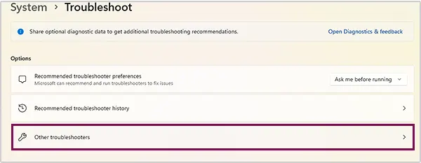 Click on “Other troubleshooters” option