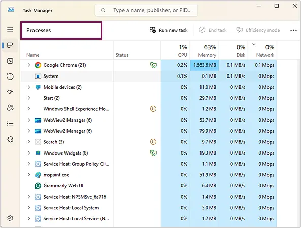 Process tab drop-down lists